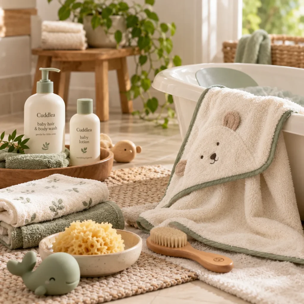 Baby bath with a soft hooded towel, washcloths and a natural sponge
