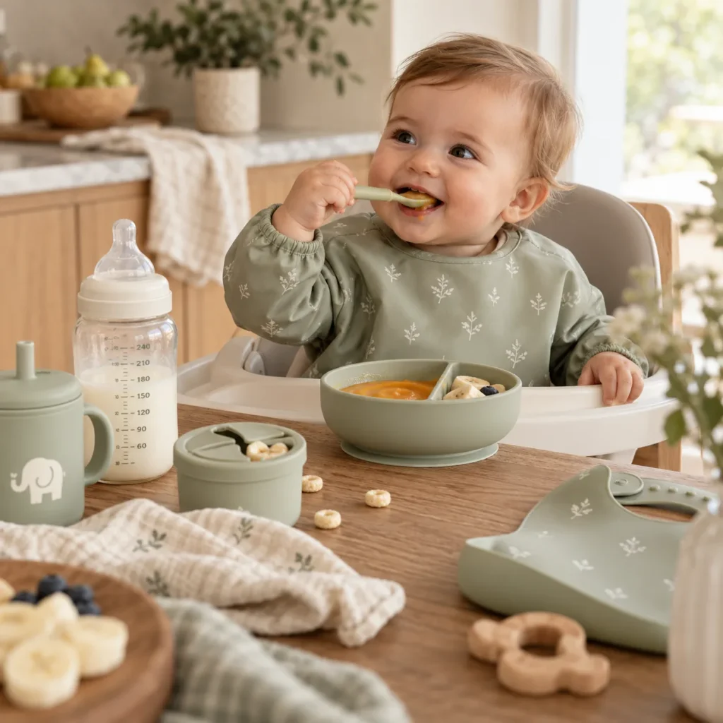 Smiling baby in a high chair eating with a spoon, with a bottle and bowl on the table