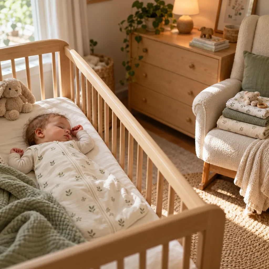 Baby sleeping on their back in a sleep sack in a wooden crib