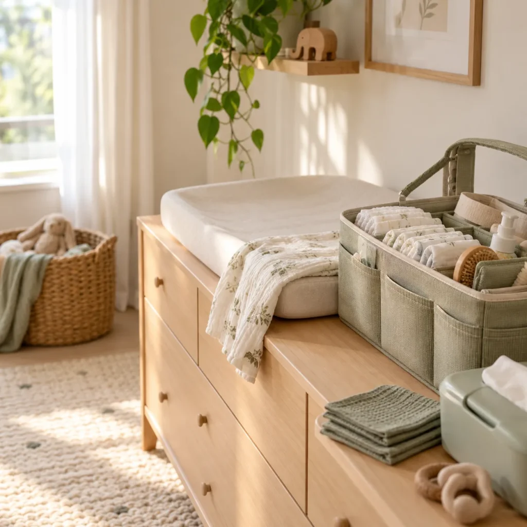 Changing table with a changing mat and a caddy of diapers and wipes