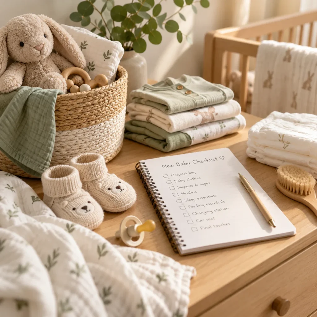 New baby checklist next to folded baby clothes, knitted booties and a soft toy