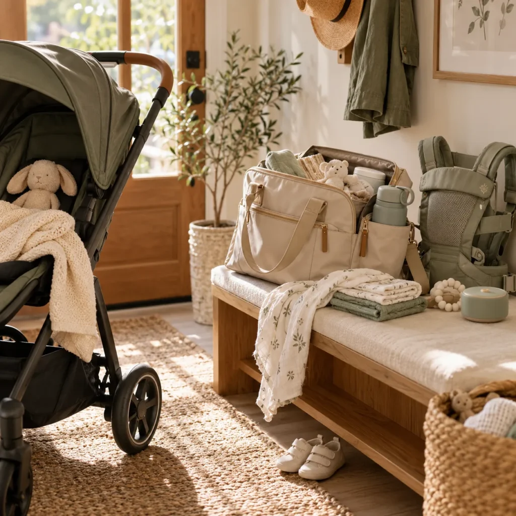 Stroller, packed diaper bag and baby carrier ready by the front door