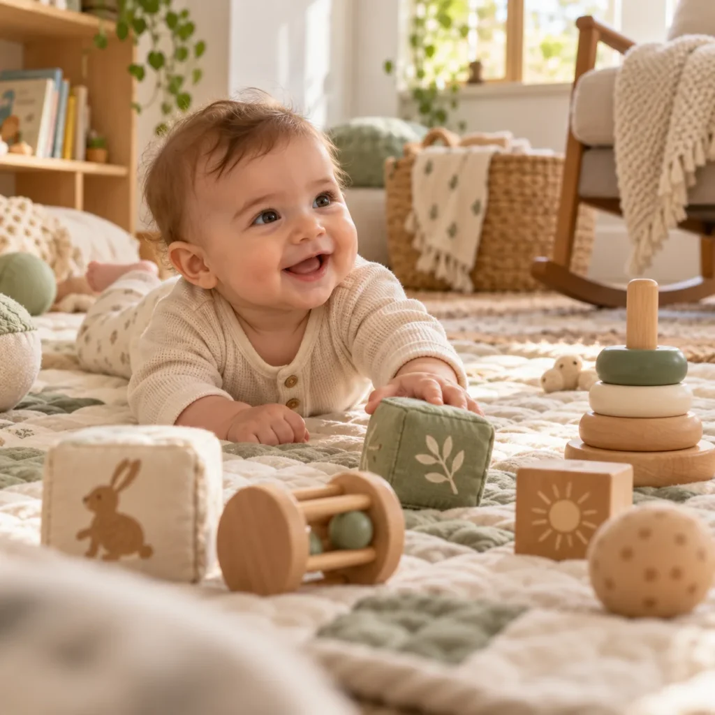 Happy baby doing tummy time on a play mat with soft blocks and wooden toys